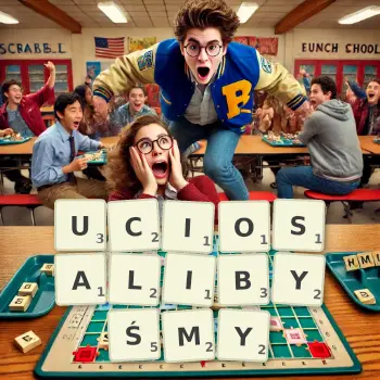 Kreatywna ilustracja do gry w Scrabble ze słowem UCIOSALIBYŚMY ułożonym z płytek na planszy.
