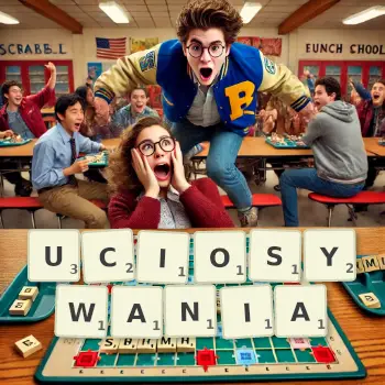 Kreatywna ilustracja do gry w Scrabble ze słowem UCIOSYWANIA ułożonym z płytek na planszy.