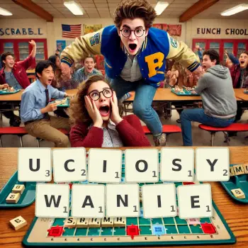 Kreatywna ilustracja do gry w Scrabble ze słowem UCIOSYWANIE ułożonym z płytek na planszy.