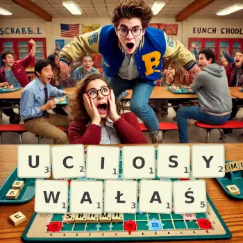 Kreatywna ilustracja do gry w Scrabble ze słowem UCIOSYWAŁAŚ ułożonym z płytek na planszy.