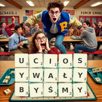 Kreatywna ilustracja do gry w Scrabble ze słowem UCIOSYWAŁYBYŚMY ułożonym z płytek na planszy.