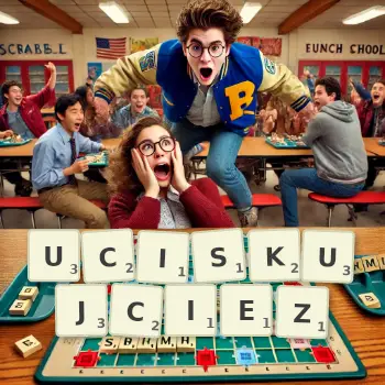 Kreatywna ilustracja do gry w Scrabble ze słowem UCISKUJCIEZ ułożonym z płytek na planszy.