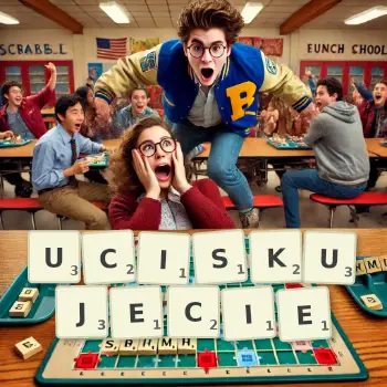 Kreatywna ilustracja do gry w Scrabble ze słowem UCISKUJECIE ułożonym z płytek na planszy.