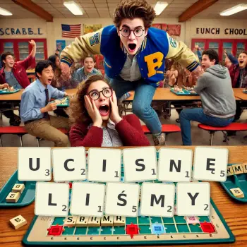 Kreatywna ilustracja do gry w Scrabble ze słowem UCISNĘLIŚMY ułożonym z płytek na planszy.