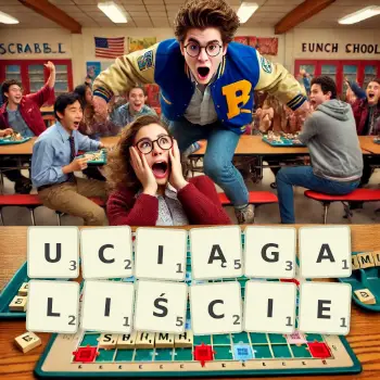 Kreatywna ilustracja do gry w Scrabble ze słowem UCIĄGALIŚCIE ułożonym z płytek na planszy.