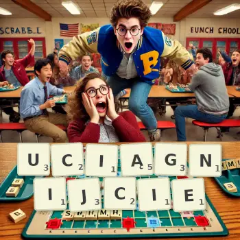 Kreatywna ilustracja do gry w Scrabble ze słowem UCIĄGNIJCIE ułożonym z płytek na planszy.