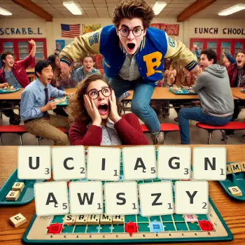 Kreatywna ilustracja do gry w Scrabble ze słowem UCIĄGNĄWSZY ułożonym z płytek na planszy.