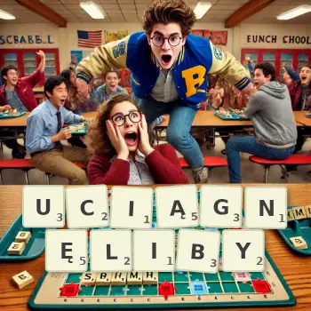 Kreatywna ilustracja do gry w Scrabble ze słowem UCIĄGNĘLIBY ułożonym z płytek na planszy.