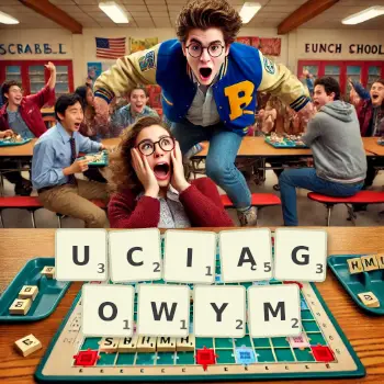 Kreatywna ilustracja do gry w Scrabble ze słowem UCIĄGOWYM ułożonym z płytek na planszy.