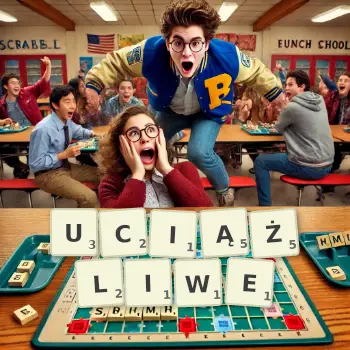 Kreatywna ilustracja do gry w Scrabble ze słowem UCIĄŻLIWE ułożonym z płytek na planszy.