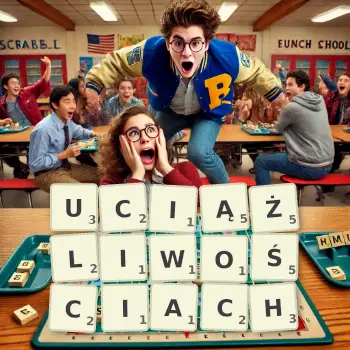 Kreatywna ilustracja do gry w Scrabble ze słowem UCIĄŻLIWOŚCIACH ułożonym z płytek na planszy.