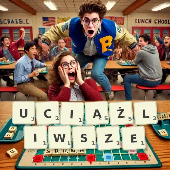 Kreatywna ilustracja do gry w Scrabble ze słowem UCIĄŻLIWSZE ułożonym z płytek na planszy.