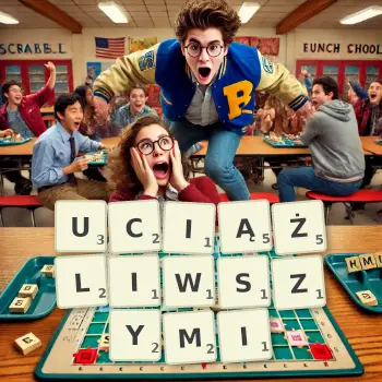 Kreatywna ilustracja do gry w Scrabble ze słowem UCIĄŻLIWSZYMI ułożonym z płytek na planszy.