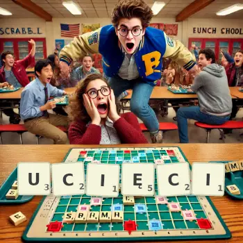 Kreatywna ilustracja do gry w Scrabble ze słowem UCIĘCI ułożonym z płytek na planszy.