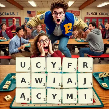 Kreatywna ilustracja do gry w Scrabble ze słowem UCYFRAWIAJĄCYMI ułożonym z płytek na planszy.