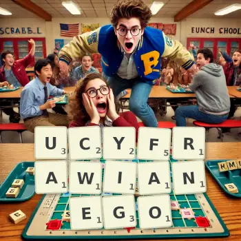 Kreatywna ilustracja do gry w Scrabble ze słowem UCYFRAWIANEGO ułożonym z płytek na planszy.