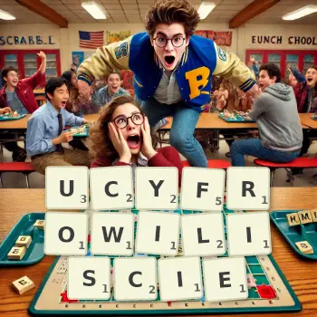 Kreatywna ilustracja do gry w Scrabble ze słowem UCYFROWILISCIE ułożonym z płytek na planszy.