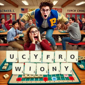 Kreatywna ilustracja do gry w Scrabble ze słowem UCYFROWIONY ułożonym z płytek na planszy.