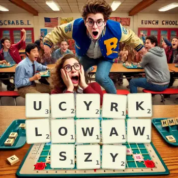 Kreatywna ilustracja do gry w Scrabble ze słowem UCYRKLOWAWSZY ułożonym z płytek na planszy.