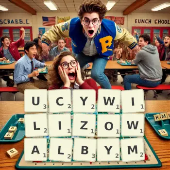 Kreatywna ilustracja do gry w Scrabble ze słowem UCYWILIZOWALBYM ułożonym z płytek na planszy.