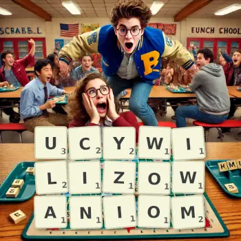 Kreatywna ilustracja do gry w Scrabble ze słowem UCYWILIZOWANIOM ułożonym z płytek na planszy.