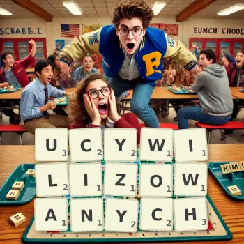 Kreatywna ilustracja do gry w Scrabble ze słowem UCYWILIZOWANYCH ułożonym z płytek na planszy.