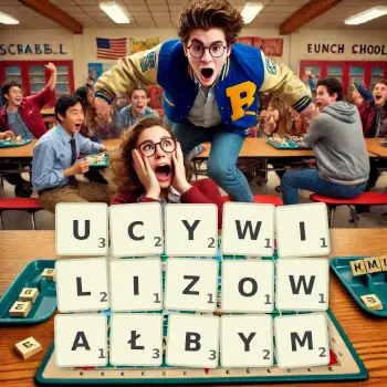 Kreatywna ilustracja do gry w Scrabble ze słowem UCYWILIZOWAŁBYM ułożonym z płytek na planszy.