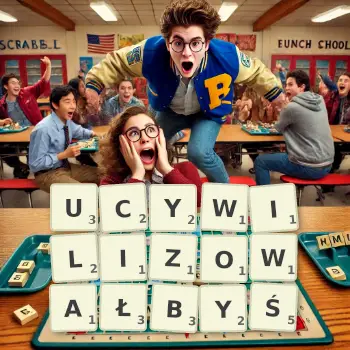 Kreatywna ilustracja do gry w Scrabble ze słowem UCYWILIZOWAŁBYŚ ułożonym z płytek na planszy.