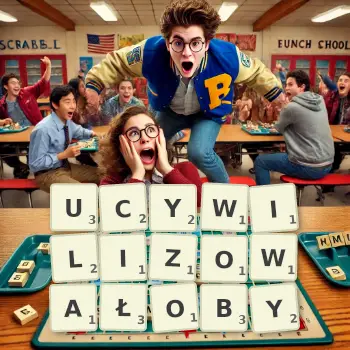 Kreatywna ilustracja do gry w Scrabble ze słowem UCYWILIZOWAŁOBY ułożonym z płytek na planszy.