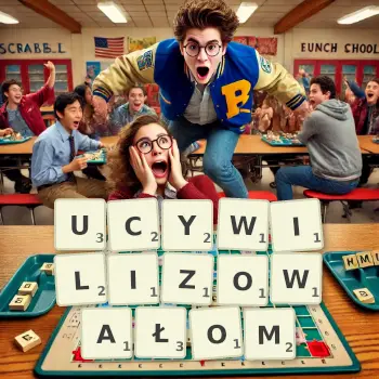 Kreatywna ilustracja do gry w Scrabble ze słowem UCYWILIZOWAŁOM ułożonym z płytek na planszy.