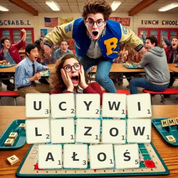 Kreatywna ilustracja do gry w Scrabble ze słowem UCYWILIZOWAŁOŚ ułożonym z płytek na planszy.