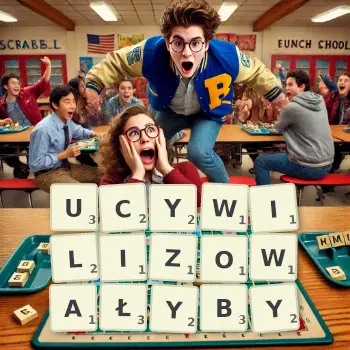 Kreatywna ilustracja do gry w Scrabble ze słowem UCYWILIZOWAŁYBY ułożonym z płytek na planszy.