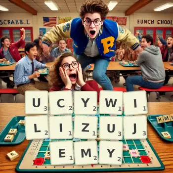 Kreatywna ilustracja do gry w Scrabble ze słowem UCYWILIZUJEMY ułożonym z płytek na planszy.