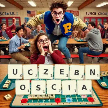 Kreatywna ilustracja do gry w Scrabble ze słowem UCZEBNOSCIA ułożonym z płytek na planszy.