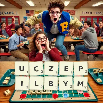 Kreatywna ilustracja do gry w Scrabble ze słowem UCZEPILBYM ułożonym z płytek na planszy.