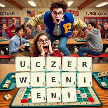 Kreatywna ilustracja do gry w Scrabble ze słowem UCZERWIENIENI ułożonym z płytek na planszy.