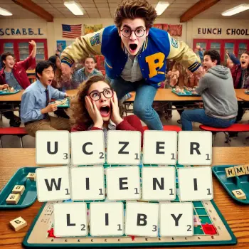 Kreatywna ilustracja do gry w Scrabble ze słowem UCZERWIENILIBY ułożonym z płytek na planszy.