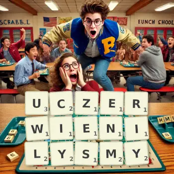 Kreatywna ilustracja do gry w Scrabble ze słowem UCZERWIENILYSMY ułożonym z płytek na planszy.