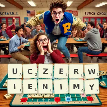 Kreatywna ilustracja do gry w Scrabble ze słowem UCZERWIENIMY ułożonym z płytek na planszy.