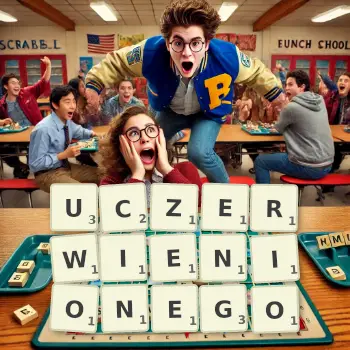 Kreatywna ilustracja do gry w Scrabble ze słowem UCZERWIENIONEGO ułożonym z płytek na planszy.