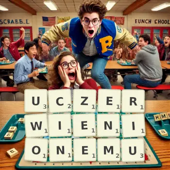 Kreatywna ilustracja do gry w Scrabble ze słowem UCZERWIENIONEMU ułożonym z płytek na planszy.