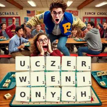 Kreatywna ilustracja do gry w Scrabble ze słowem UCZERWIENIONYCH ułożonym z płytek na planszy.