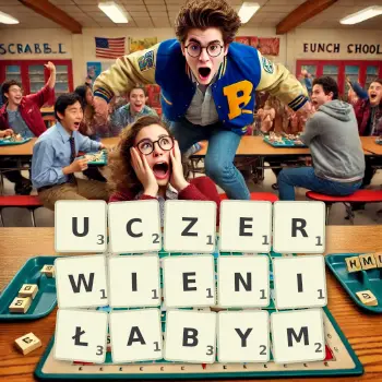 Kreatywna ilustracja do gry w Scrabble ze słowem UCZERWIENIŁABYM ułożonym z płytek na planszy.