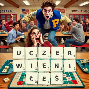 Kreatywna ilustracja do gry w Scrabble ze słowem UCZERWIENIŁEŚ ułożonym z płytek na planszy.