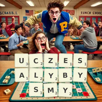 Kreatywna ilustracja do gry w Scrabble ze słowem UCZESALYBYSMY ułożonym z płytek na planszy.