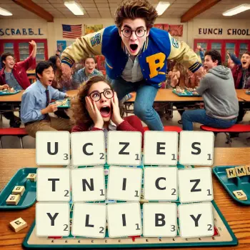 Kreatywna ilustracja do gry w Scrabble ze słowem UCZESTNICZYLIBY ułożonym z płytek na planszy.