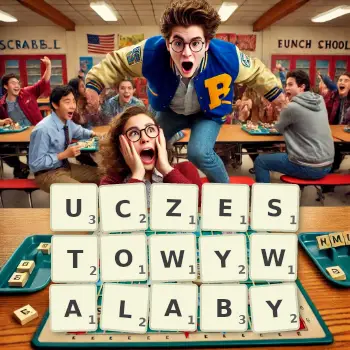 Kreatywna ilustracja do gry w Scrabble ze słowem UCZESTOWYWALABY ułożonym z płytek na planszy.