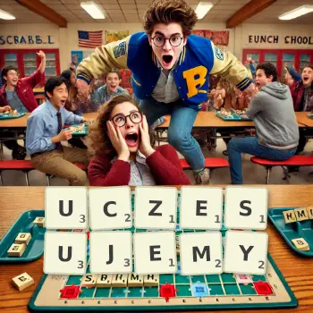 Kreatywna ilustracja do gry w Scrabble ze słowem UCZESUJEMY ułożonym z płytek na planszy.