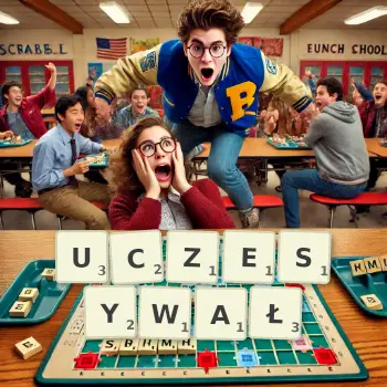 Kreatywna ilustracja do gry w Scrabble ze słowem UCZESYWAŁ ułożonym z płytek na planszy.