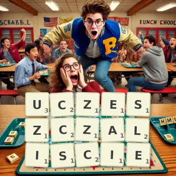 Kreatywna ilustracja do gry w Scrabble ze słowem UCZESZCZALISCIE ułożonym z płytek na planszy.